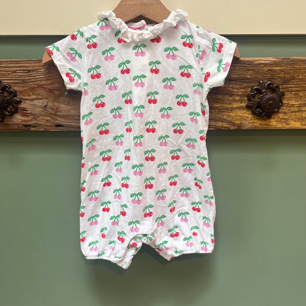 Baby Boden Cherry Print Ruffle Collar Romper White Red Pink 12-18 Months